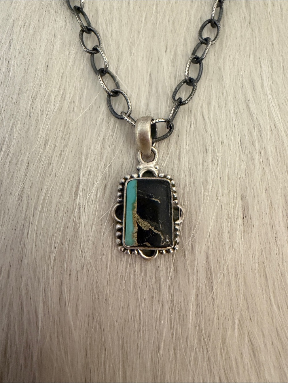 ❤️ Black Jack Turquoise Rectangular Pendant Navajo Style Sterling Unisex .87”L - Picture 9 of 15